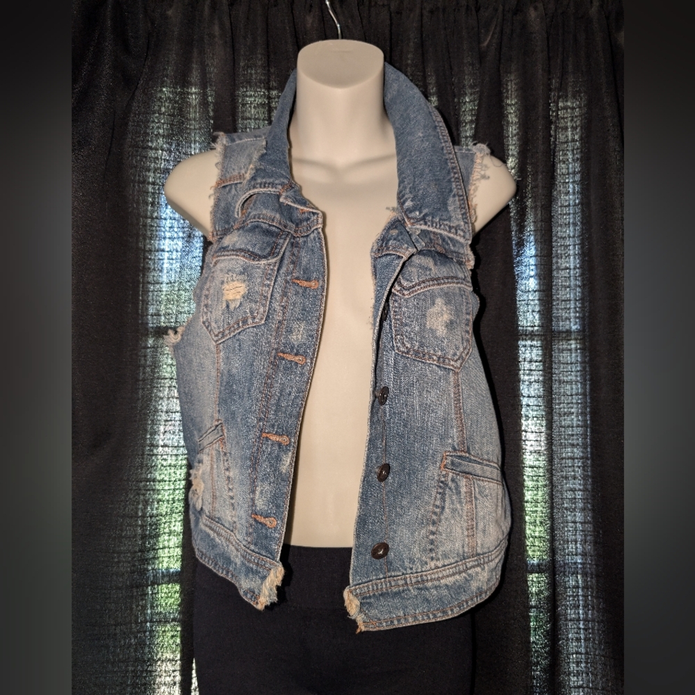 RWH Blue Denim Vest with Frayed Edges
